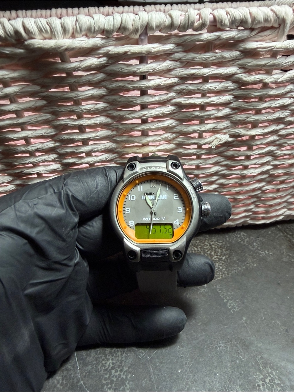 Timex Watch with Gray Case and Orange Bezel Accent